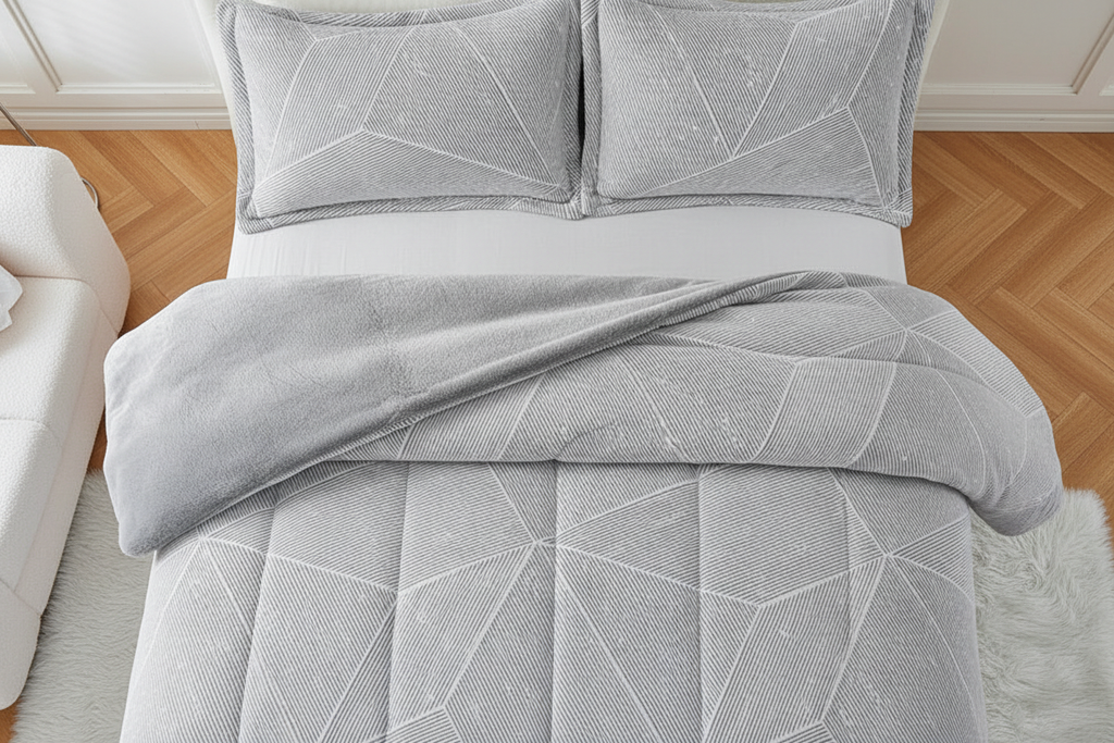 Overhead flat lay of light grey geometric striped faux fur comforter set with pillowcases