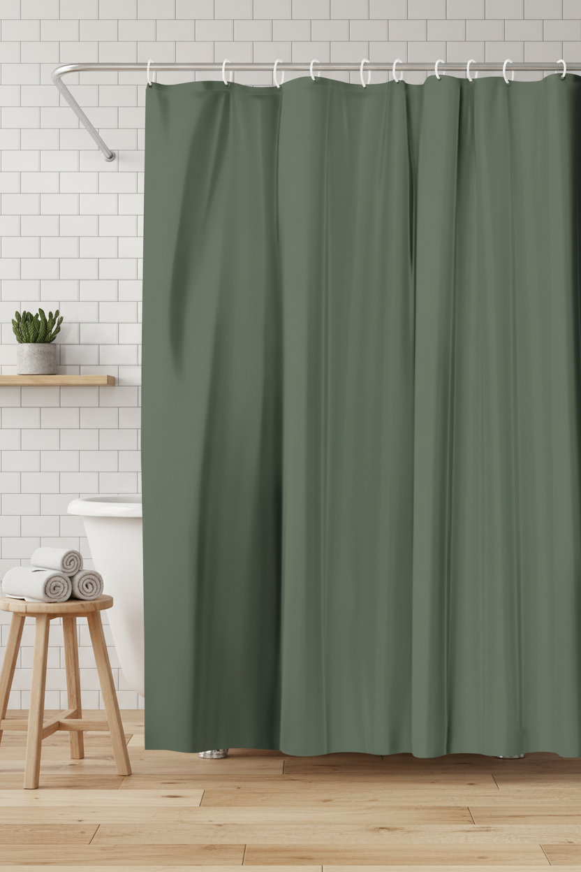 Solid olive green shower curtain in Scandi minimal bathroom with subway tiles, chrome fixtures and wooden stool