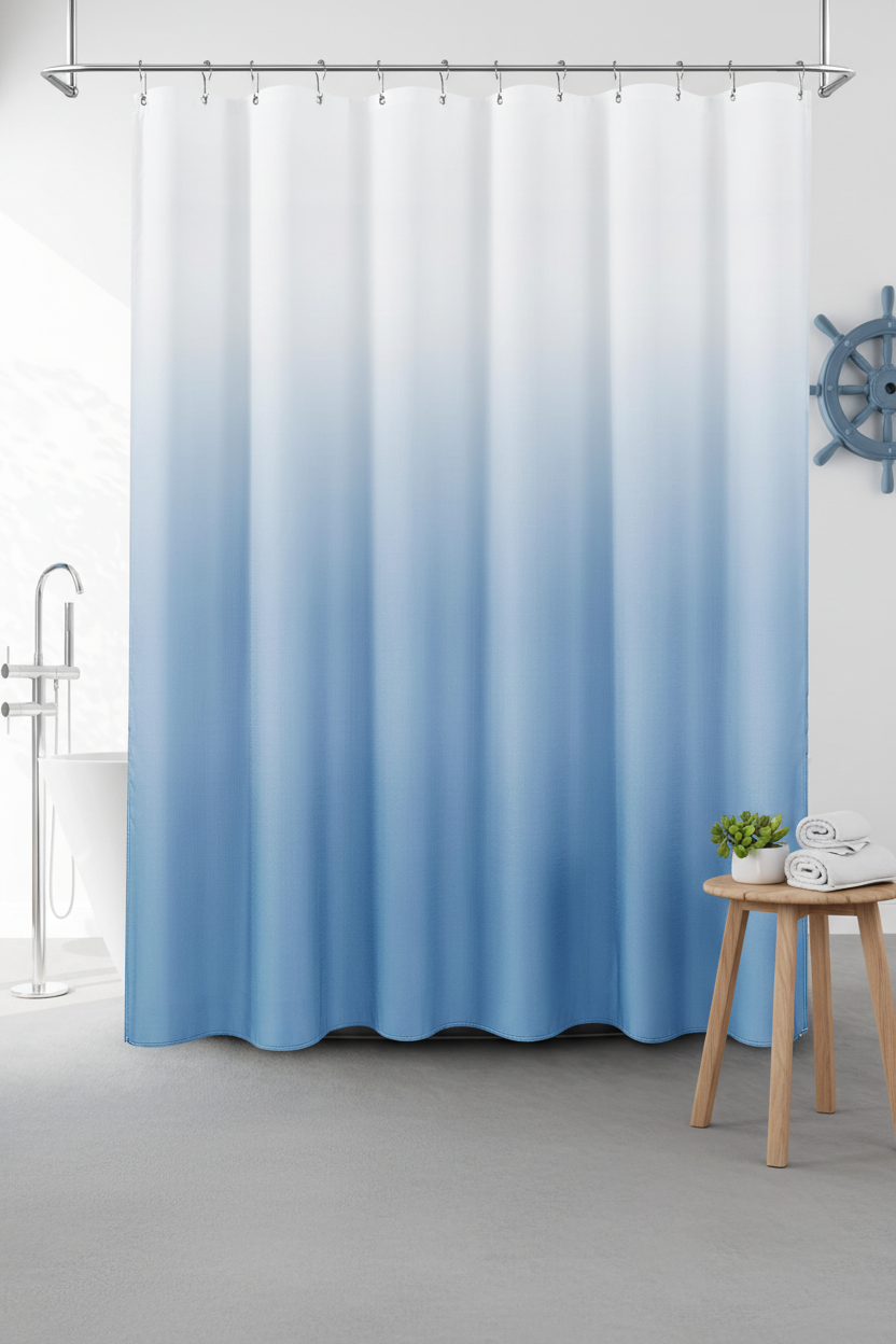 Misty blue gradient shower curtain in Scandi-coastal bathroom with oak stool and succulent