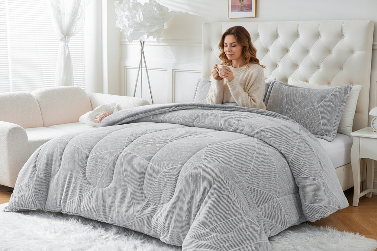 Woman sitting up in bed with light grey geometric faux fur comforter holding a coffee mug