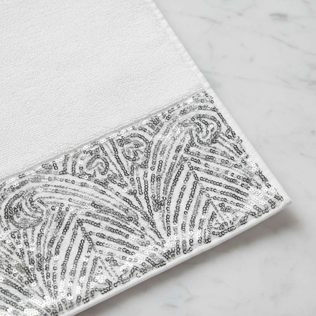 Sinatra towel set - close-up detail of silver sequin embellished border
