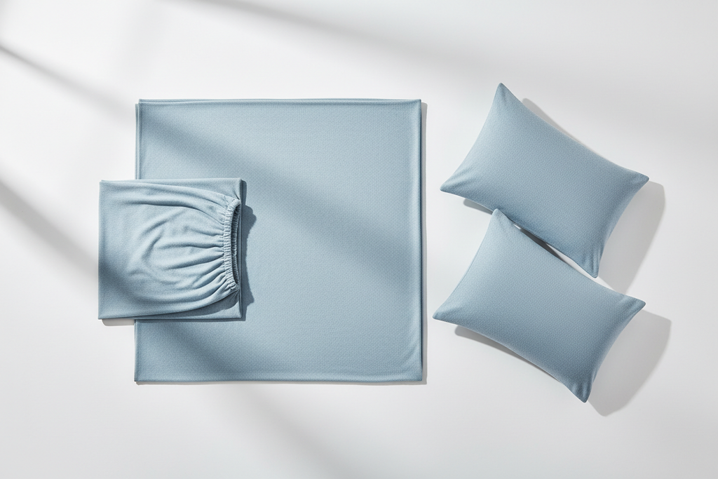 Light blue flannel cotton sheet set flat lay
