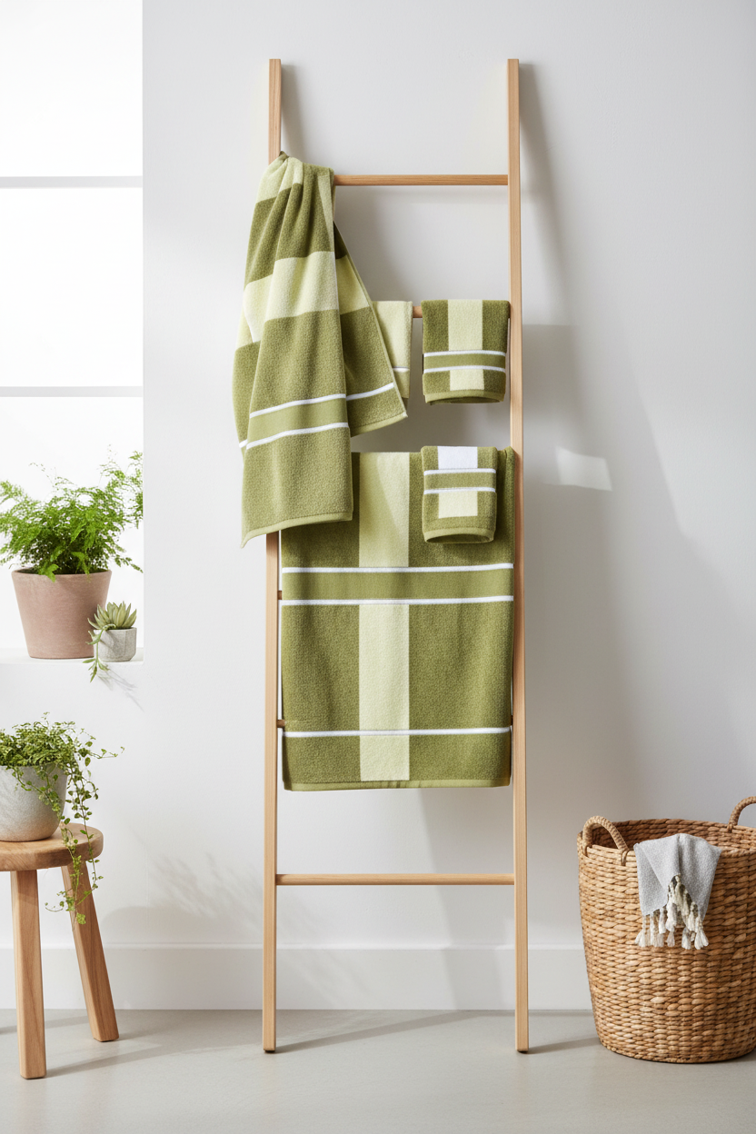 Green striped cotton velour bath towels draped over wooden ladder rack