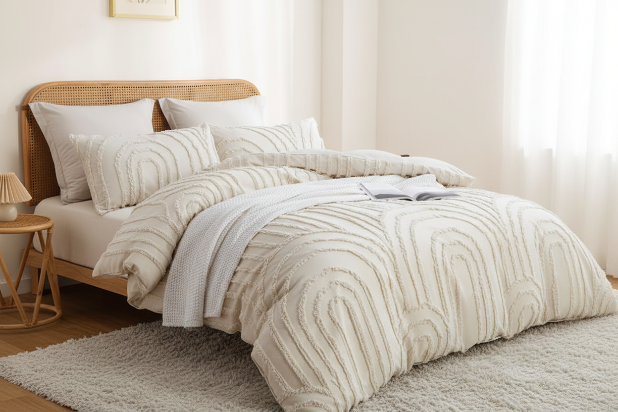 Side-angle styled bedroom with beige boho tufted duvet cover set on king bed