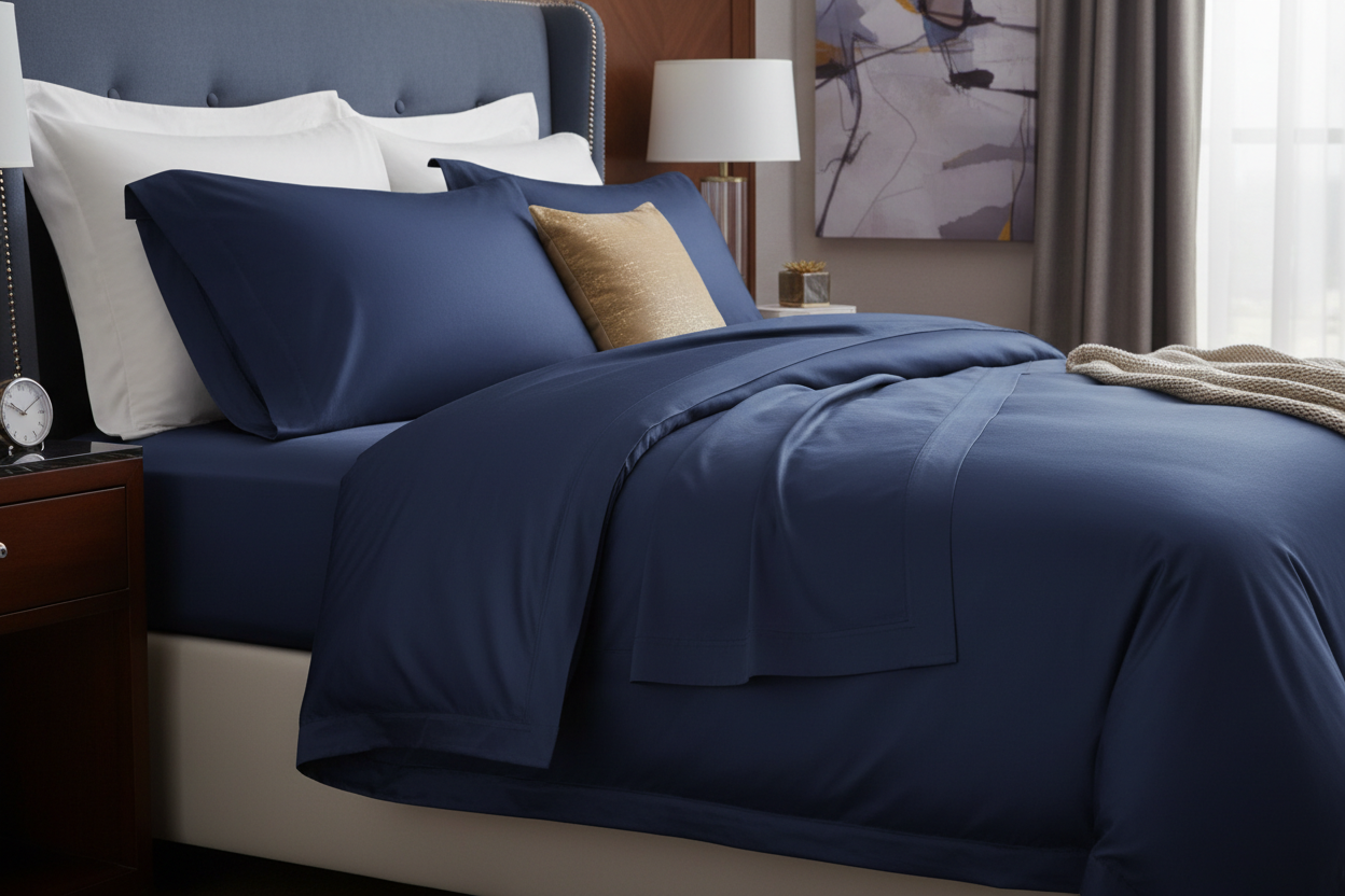 Navy blue 1200 thread count Egyptian cotton sateen sheet set on luxury bed