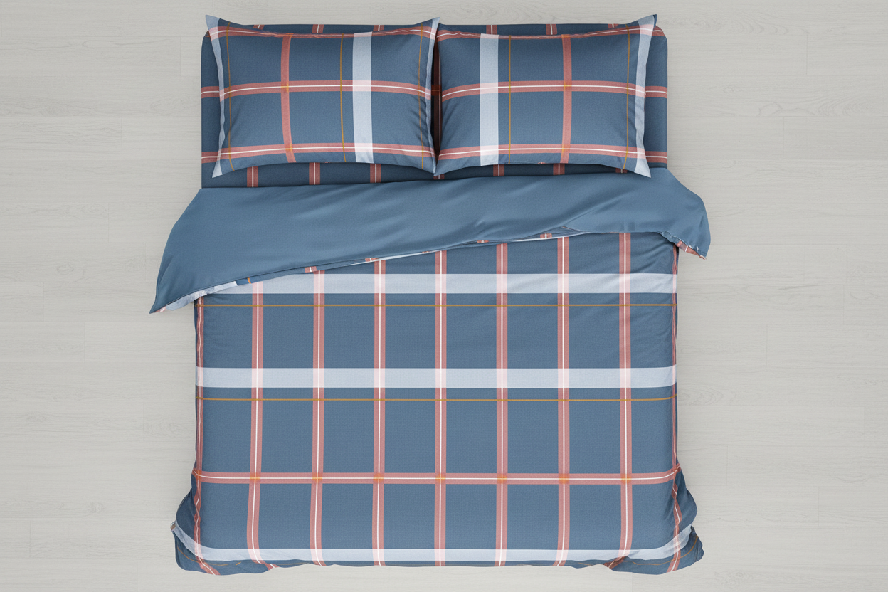 Overhead top-down view of bed made with blue plaid cotton sheet set and two pillowcases