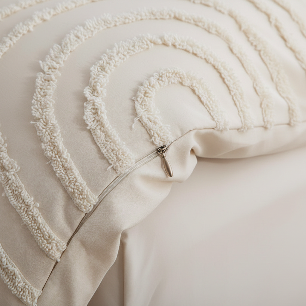 Hidden zip closure detail on beige chenille tufted duvet cover