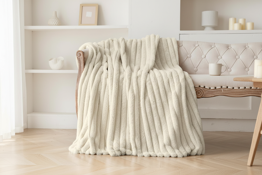 Striped Faux Fur Throw Blanket draped over a neutral sofa in a cosy living room