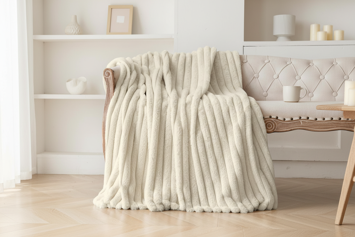 Striped Faux Fur Throw Blanket draped over a neutral sofa in a cosy living room
