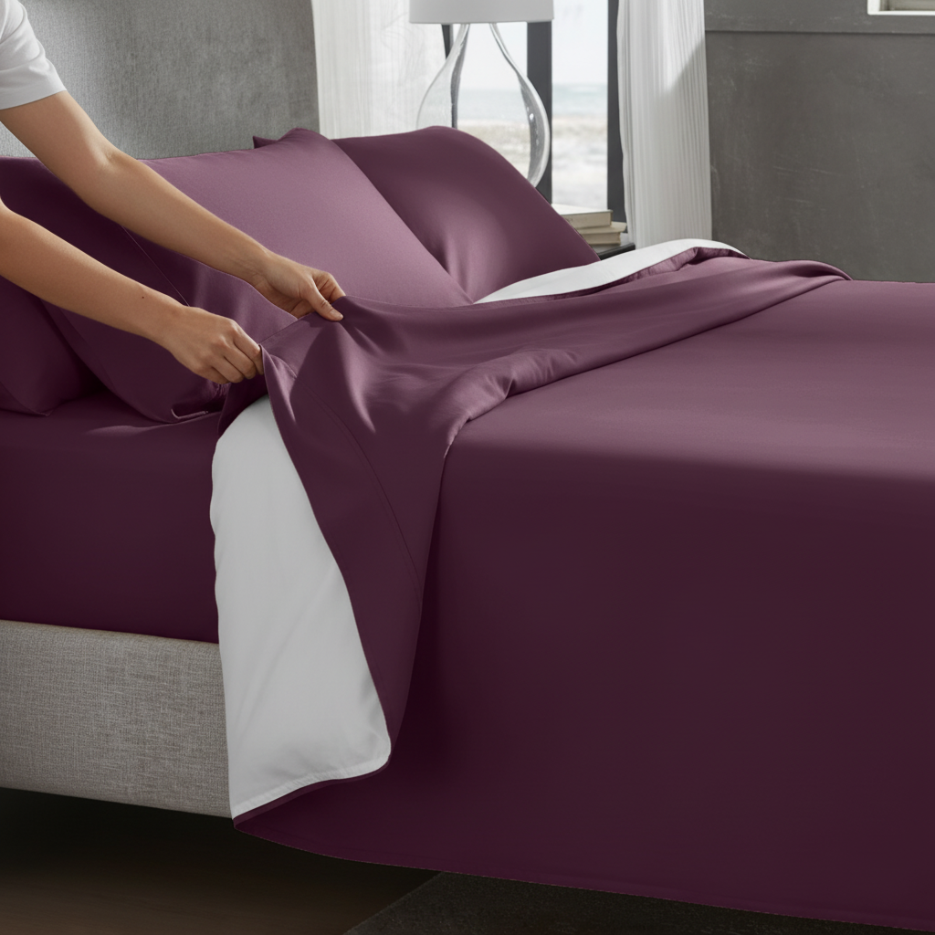 400TC Sateen Twin Sheet Set in Soft Plum - lifestyle morning pull-back