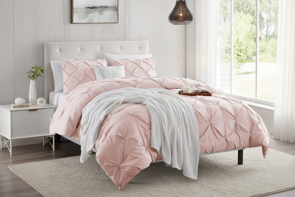 Angled shot of blush pintuck duvet set with sheer curtains, morning light and candle on bed