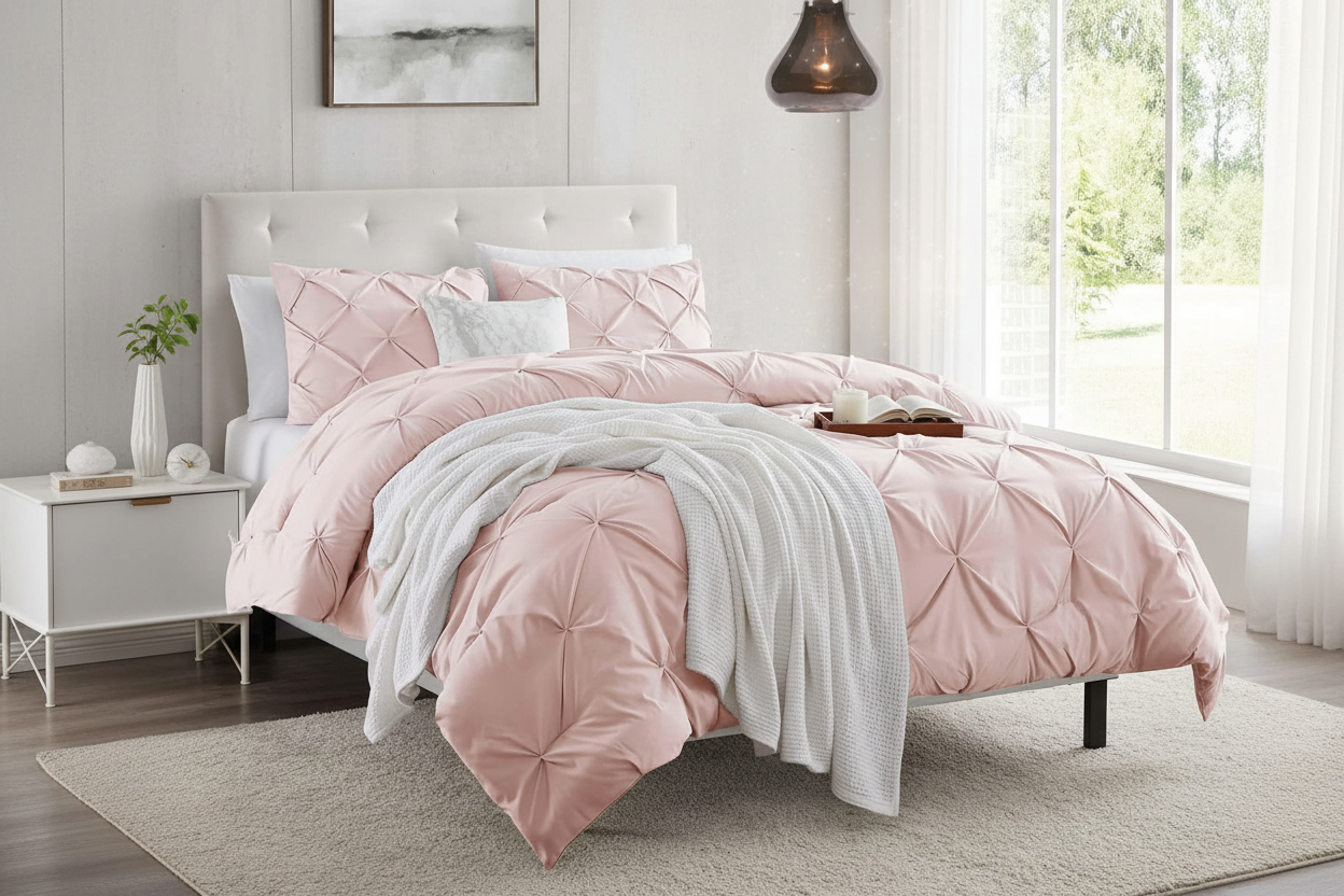 Angled shot of blush pintuck duvet set with sheer curtains, morning light and candle on bed