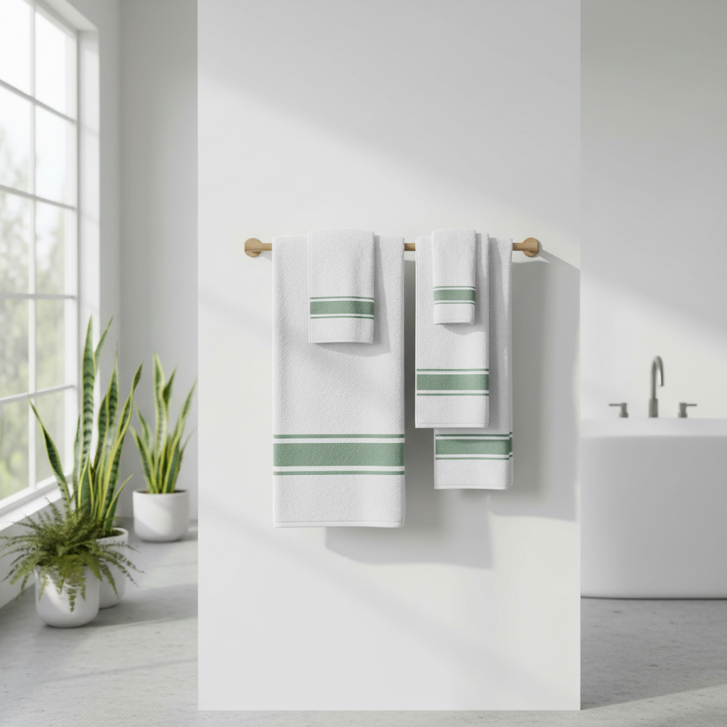 White and sage green stripe towels hanging on wooden towel rail in Scandinavian bathroom