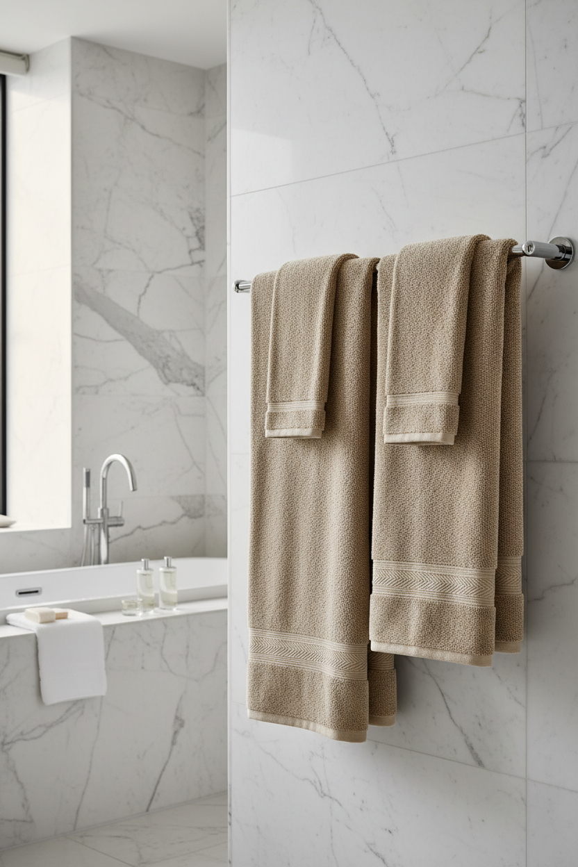 Beige 700 GSM combed cotton bath towels hanging on chrome towel rail in luxury marble bathroom