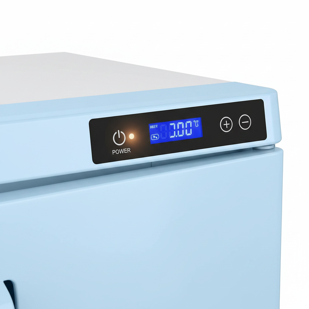 8L blue hot towel warmer cabinet - close-up of digital control panel and power button