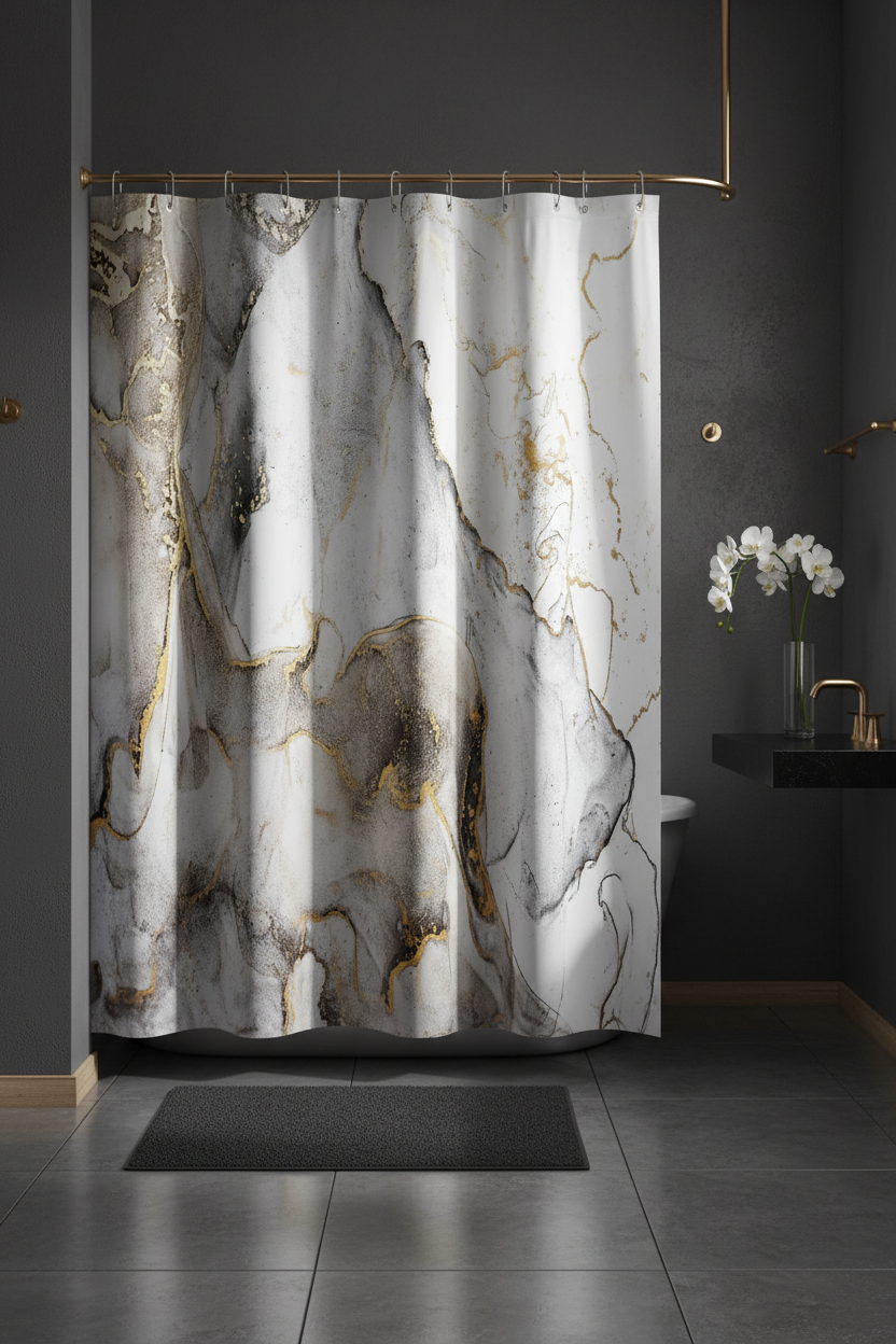 Moody editorial bathroom with white gold marble shower curtain, charcoal walls, brushed gold fixtures and white orchid