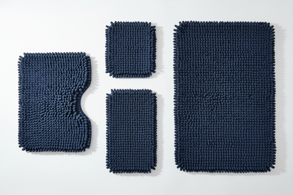 Navy chenille 3-piece bath rug set flat lay showing all three pieces