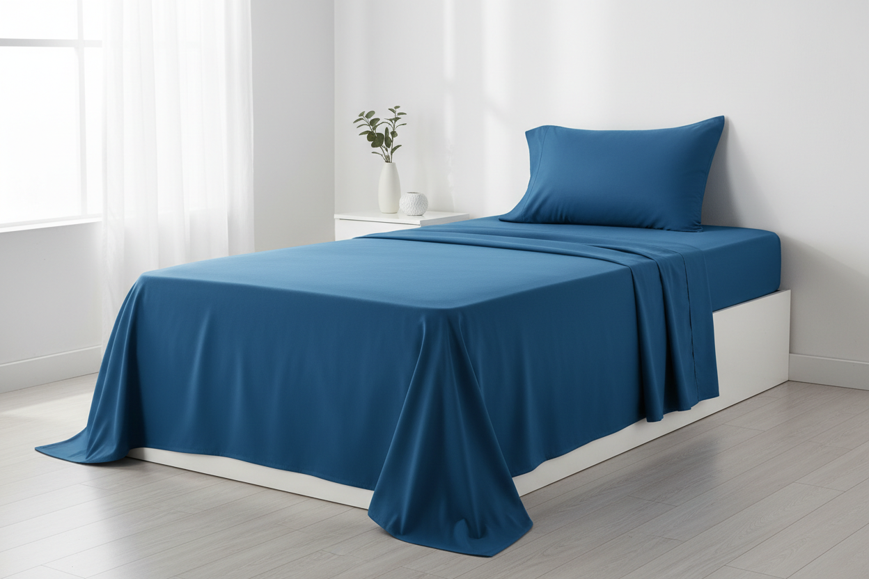 Cooling twin sheet set in peacock blue styled on a single bed