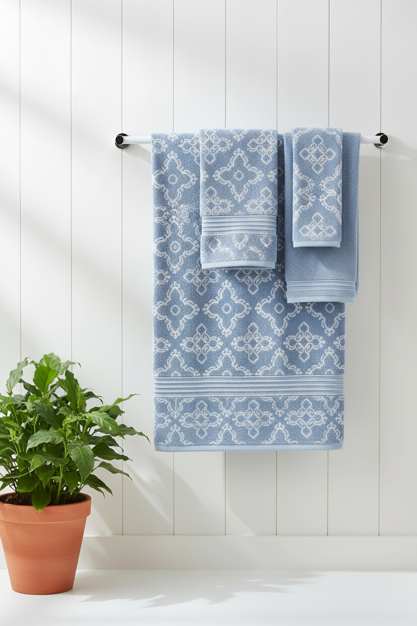 Blue jacquard bath and hand towels hanging on white towel rail