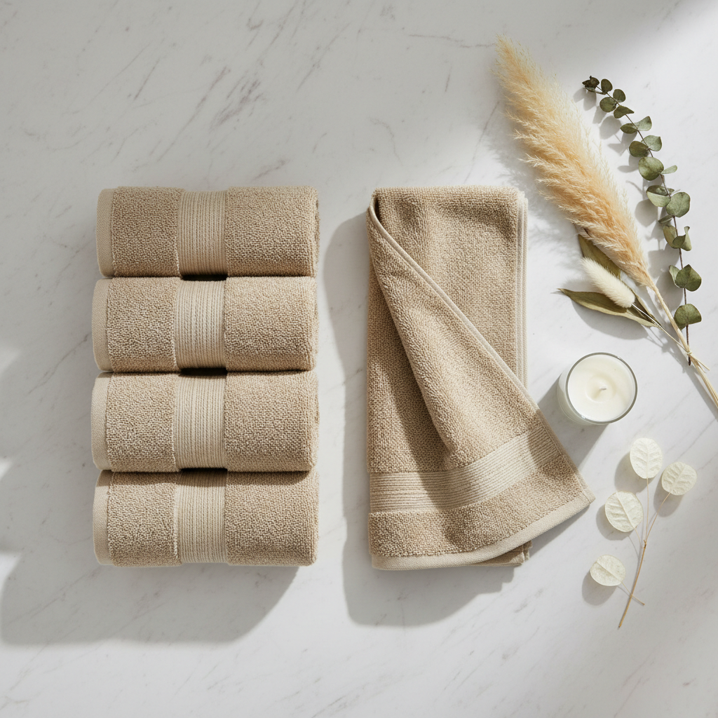 Beige 700 GSM combed cotton bath towel flat lay with candle and dried botanicals on marble