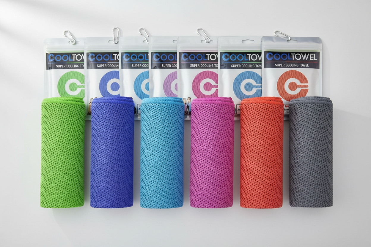 7 cooling towels in green, light blue, pink, rose red, orange, purple and grey with resealable pouches and carabiner clips on white background