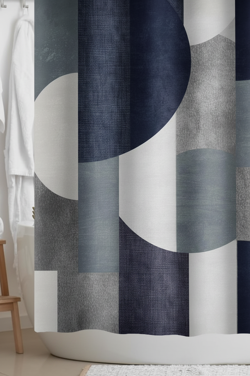 Close-up editorial shot of navy blue and grey abstract circle geometric shower curtain