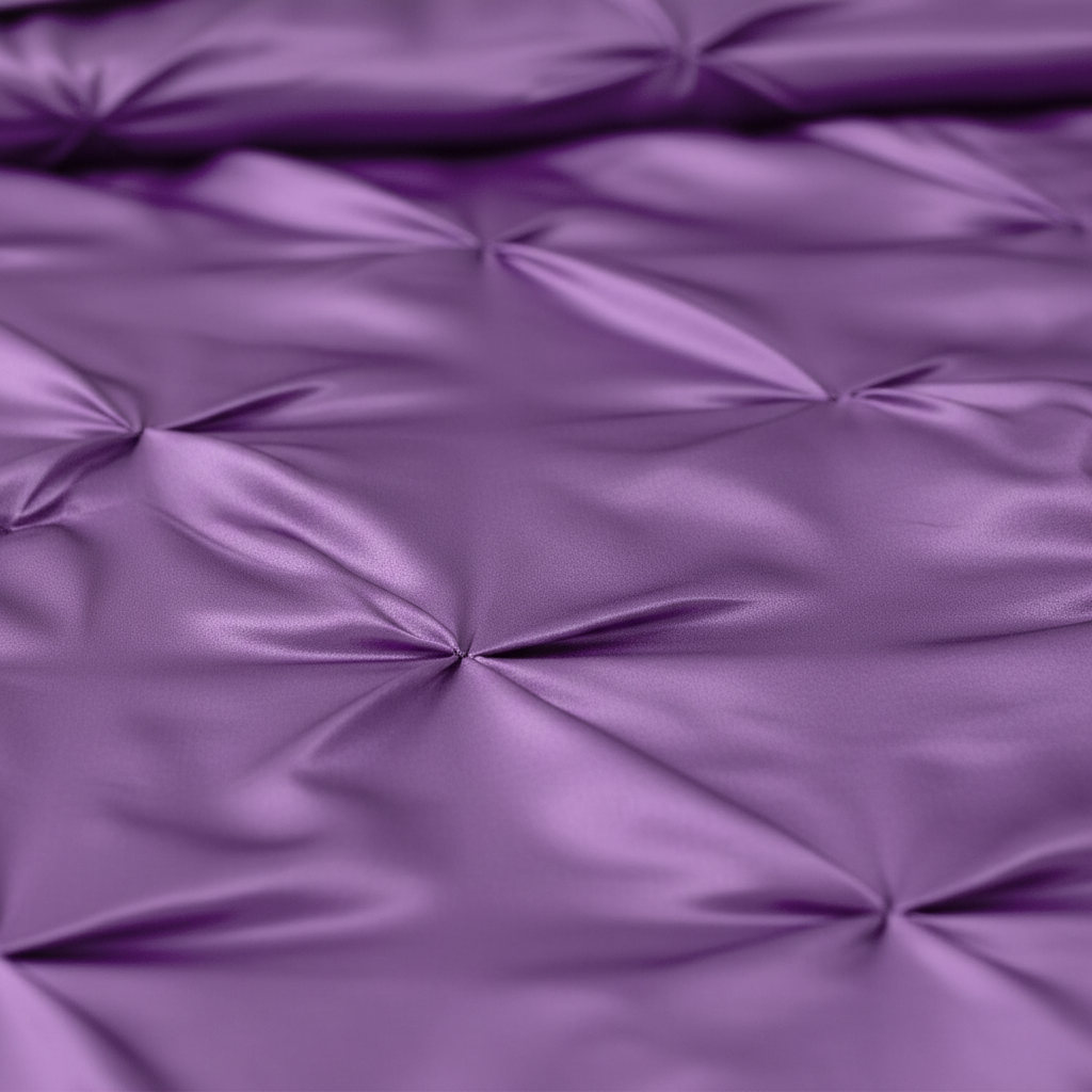 Close-up of lavender satin pinch pleat comforter showing intricate pleat detail and silky fabric texture
