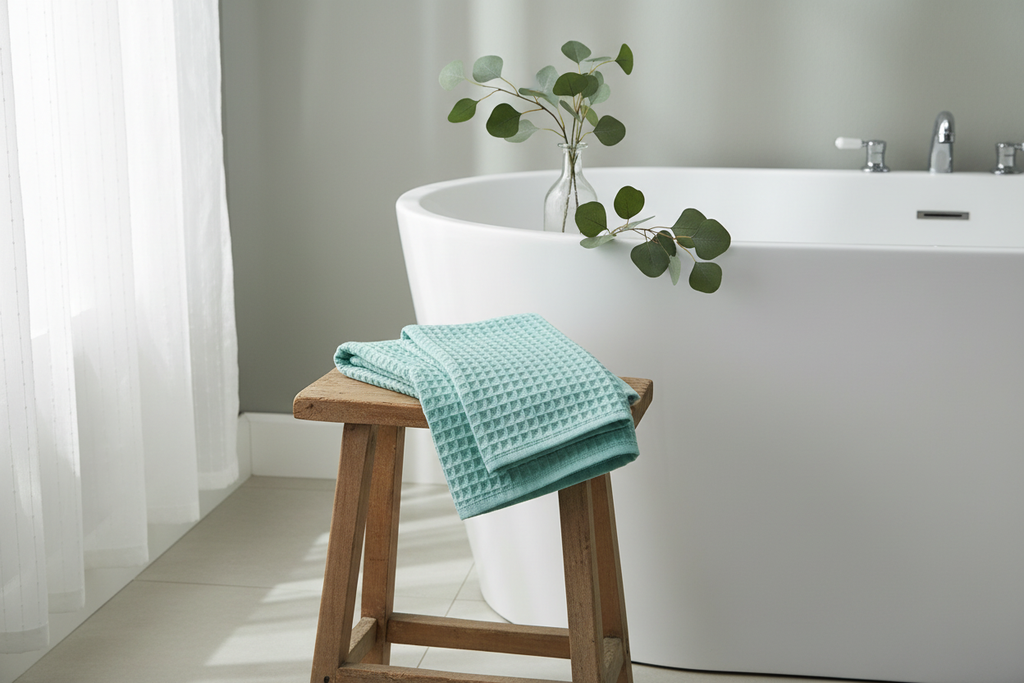 Lake green cotton waffle bath towel on a wooden stool next to a white bathtub