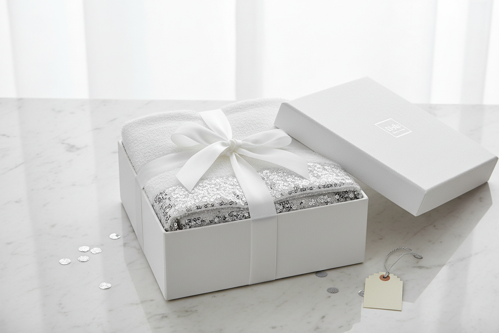 Sinatra 3-Piece Towel Set presented as a gift in luxury box with white satin ribbon