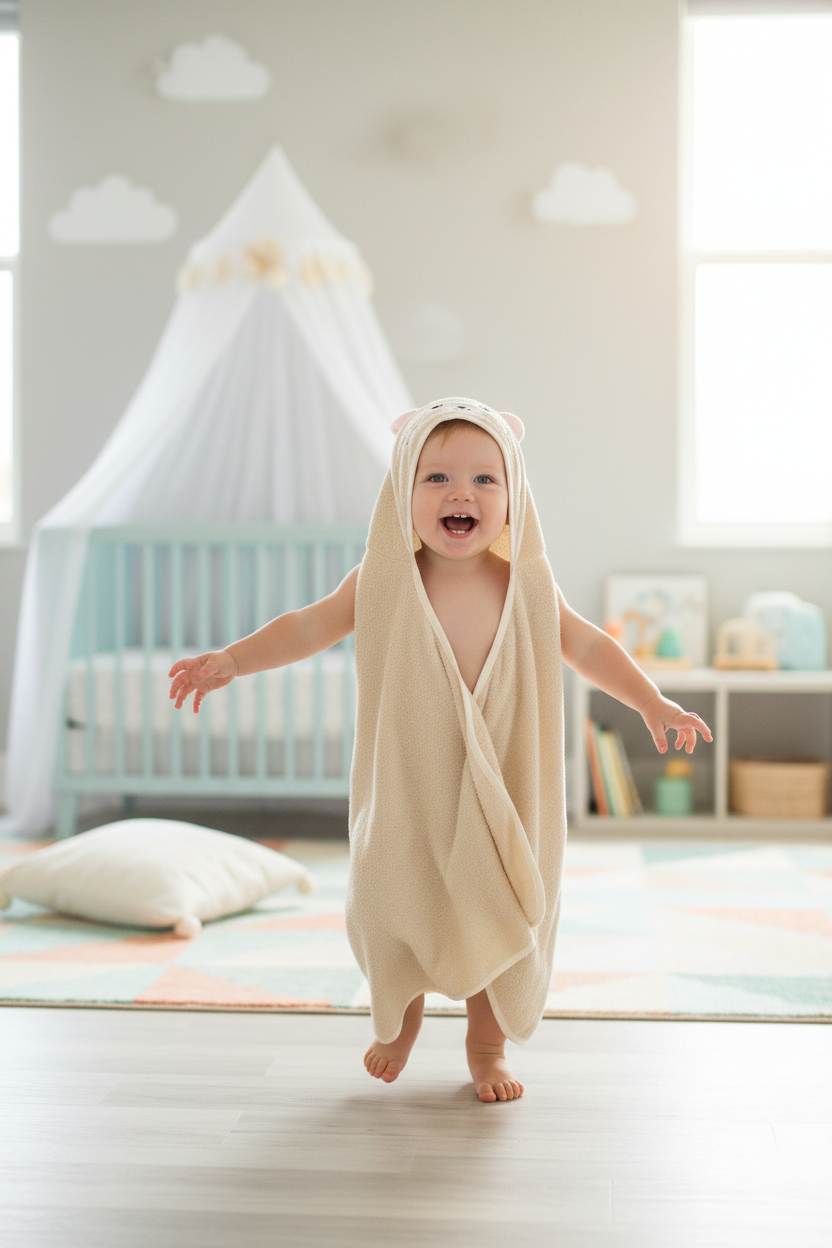 Toddler wearing a beige bamboo hooded towel with cute cat face hood laughing in a bright nursery room