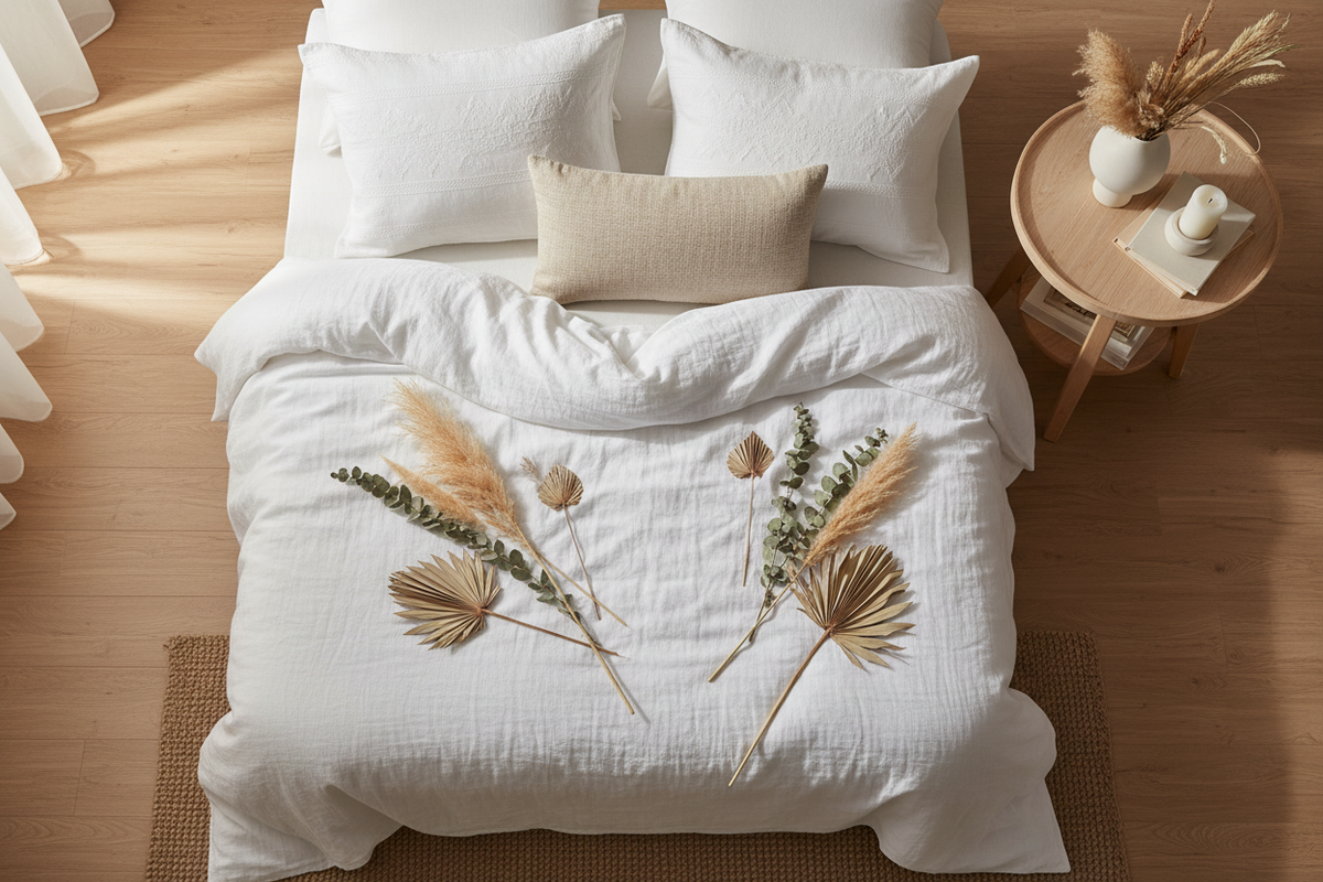 Styled bedroom with white muslin duvet cover set, decorative cushions and dried botanicals