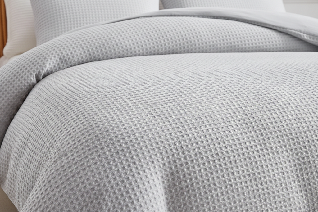 Close-up of light grey waffle weave duvet cover showing raised square honeycomb texture in natural light