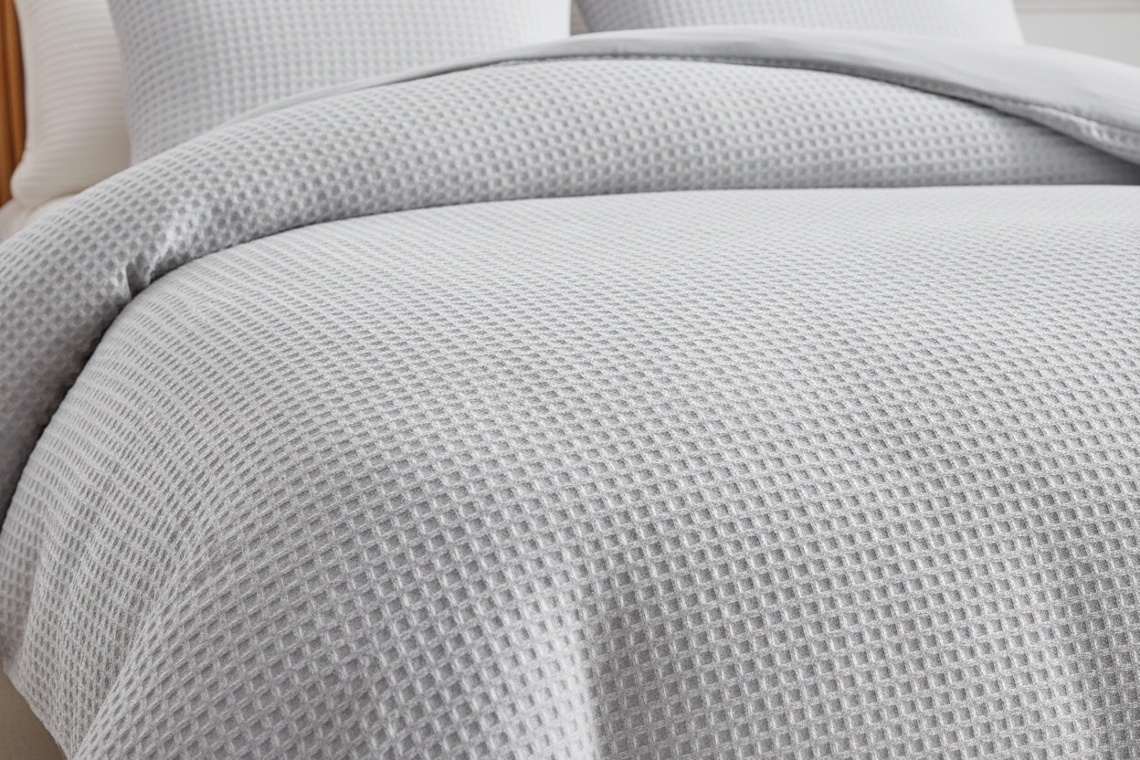 Close-up of light grey waffle weave duvet cover showing raised square honeycomb texture in natural light