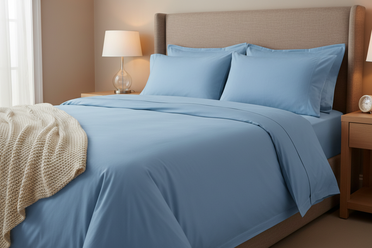 Sky Blue Egyptian Cotton Bed Sheets - foot of bed view
