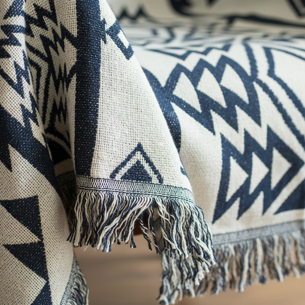 Close-up of Dawn Nordic Knitted Throw Blanket showing geometric Aztec pattern and fringe detail