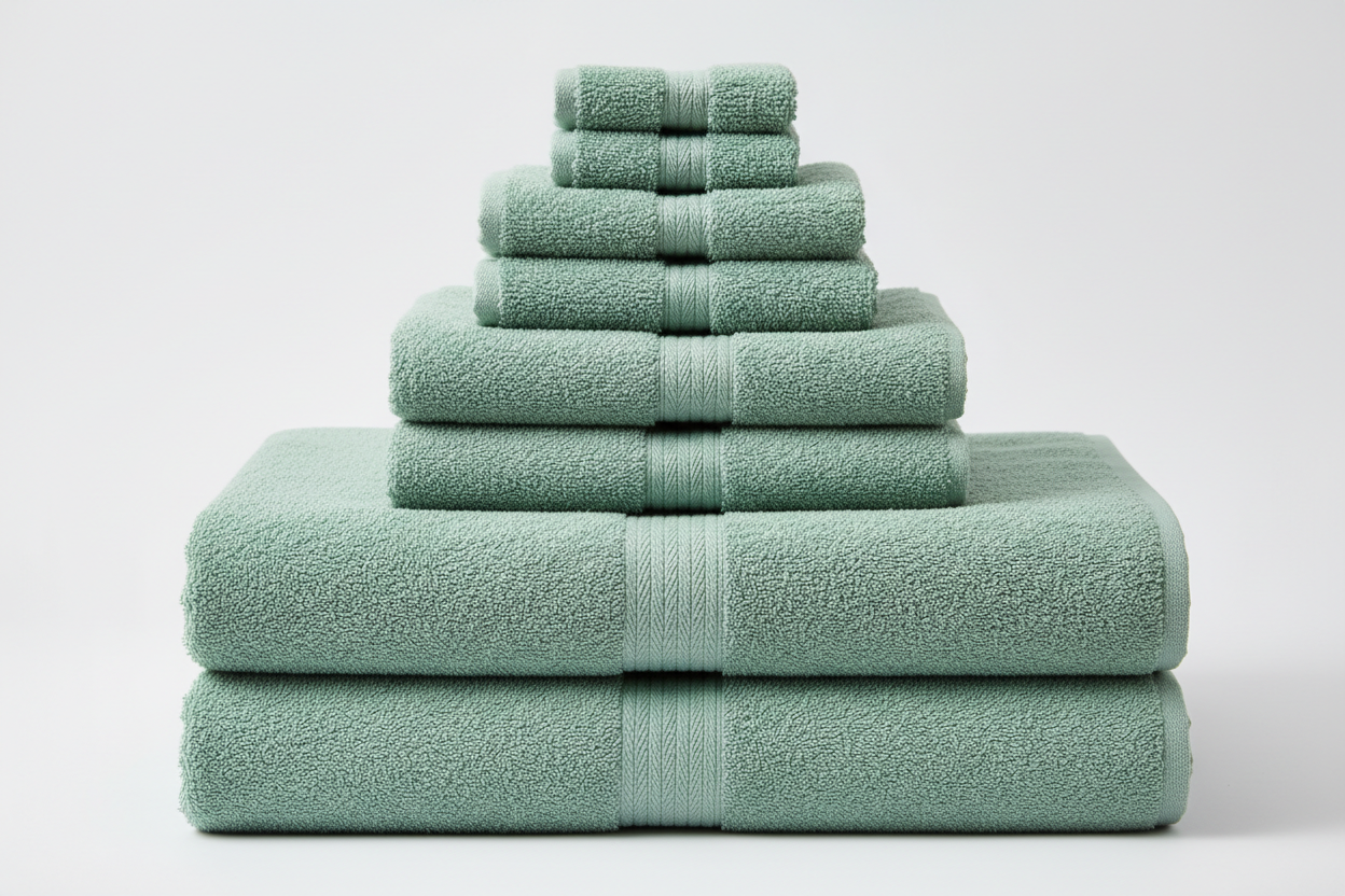 12-piece seafoam cotton towel set flat lay - bath, hand and face towels