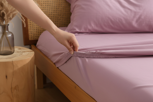 Lilac bamboo cotton linen blend fitted sheet corner showing deep pocket elastic detail