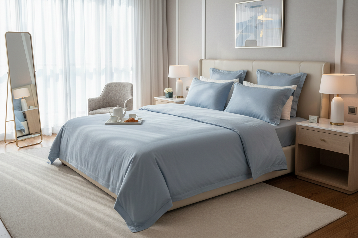 Luxury lifestyle bedroom scene with light blue Egyptian cotton sheet set