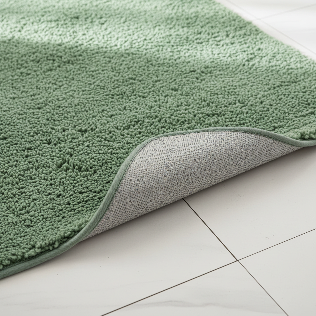 Close-up of sage green fluffy microfiber bath rug showing soft pile texture
