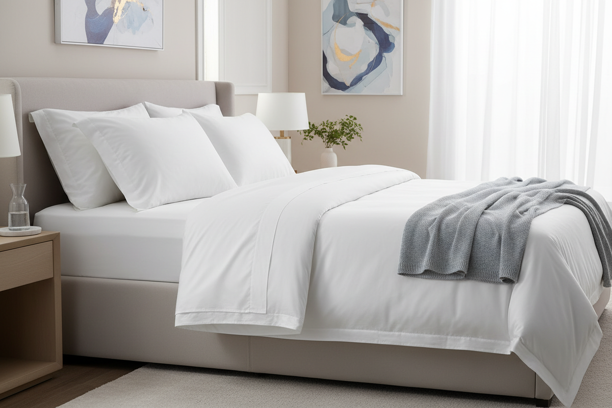 White TENCEL lyocell sateen super king sheet set on super king bed