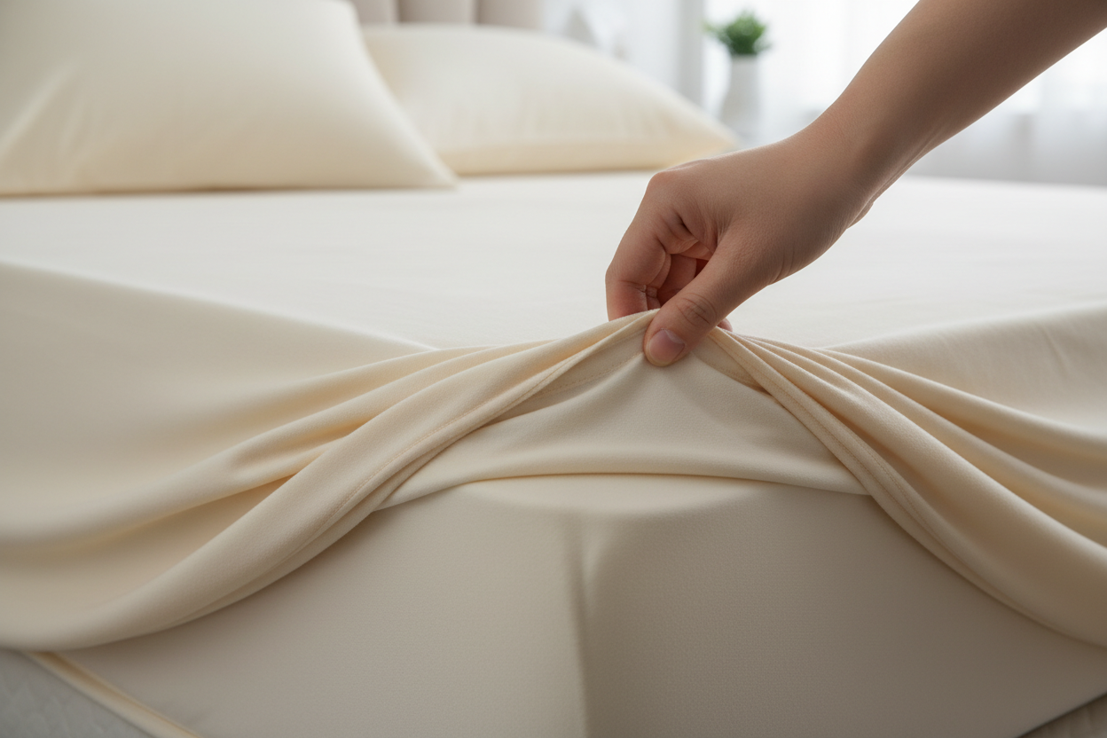 Cream extra deep fitted sheet corner showing 53cm deep pocket detail