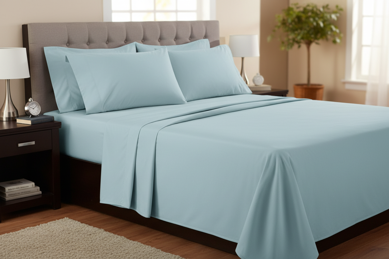 Sky Blue Egyptian Cotton Bed Sheets - side angle view