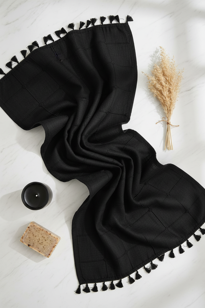 Flat lay of black linen tassel fabric with pampas grass, black candle and soap on marble
