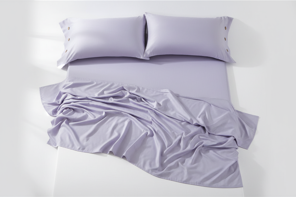 Lavender cotton satin flat sheet and pillowcases flat lay