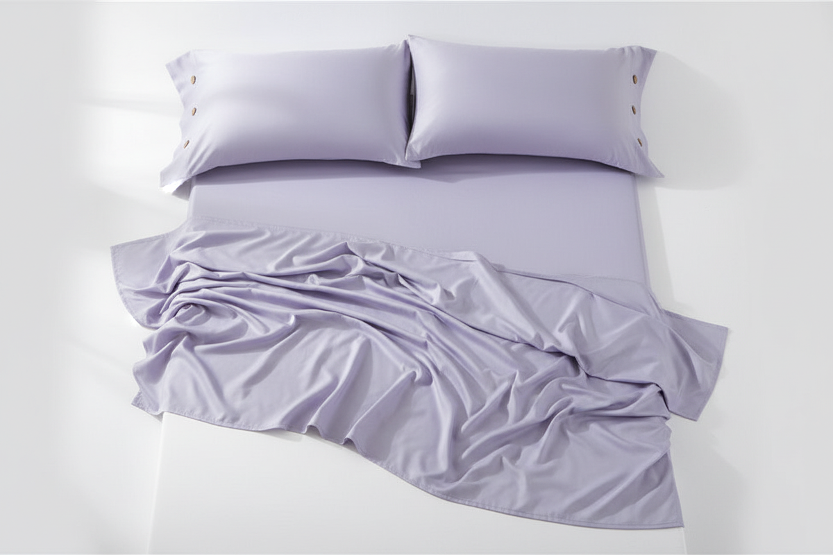 Lavender cotton satin flat sheet and pillowcases flat lay