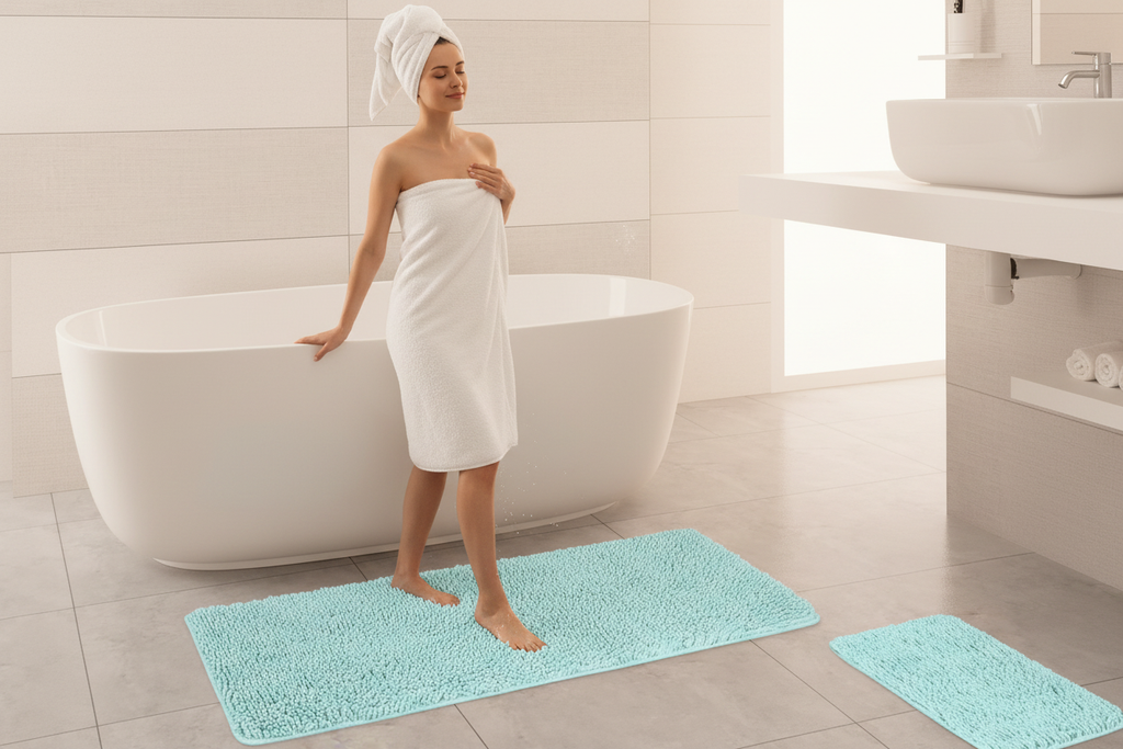 Aqua Chenille Bath Mat Set - Lifestyle