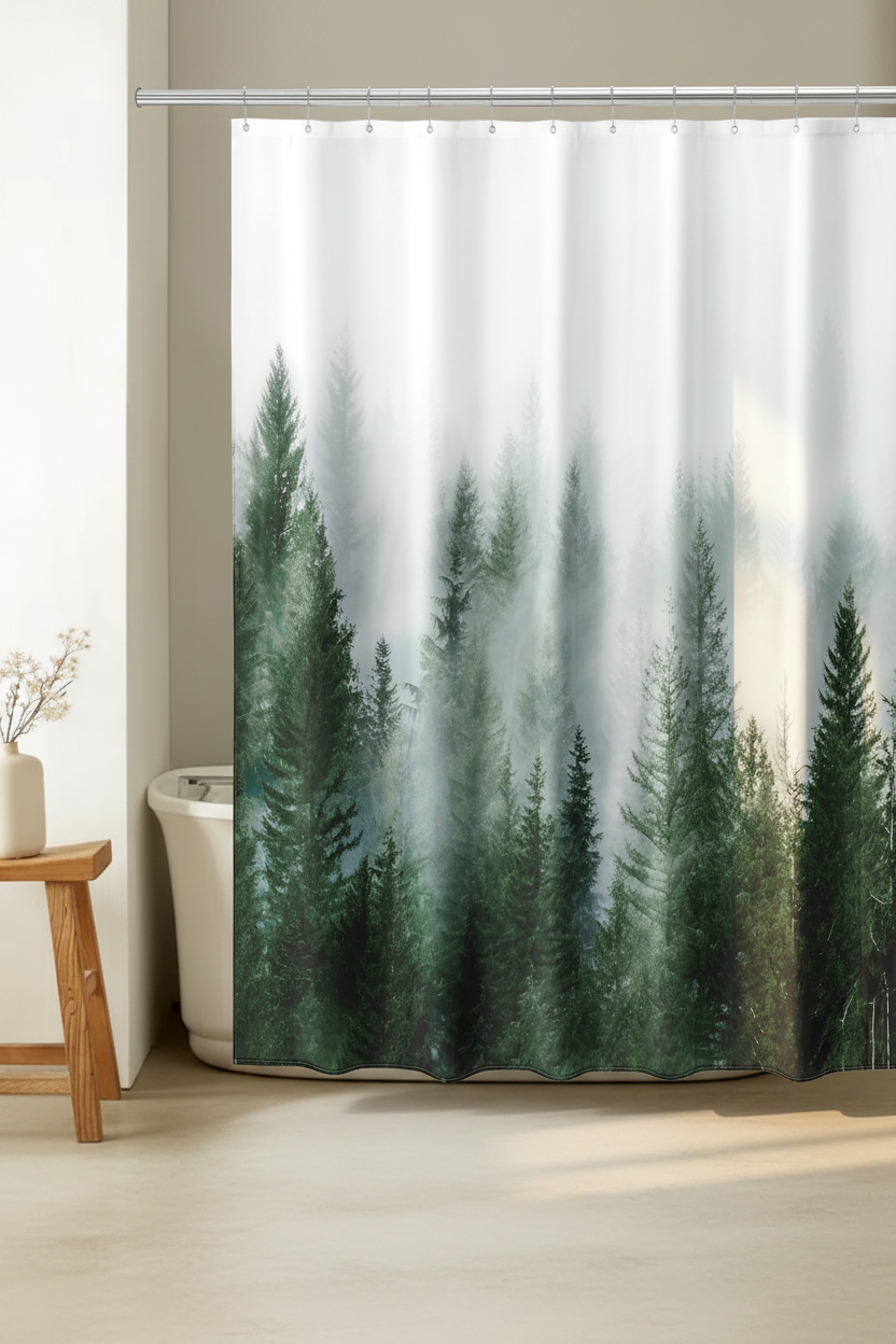 Misty forest shower curtain in woodland spa bathroom with freestanding bath and wooden stool