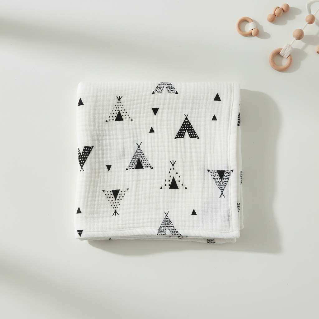 Gauze Cotton Baby Towel - Black and White Tent flat lay