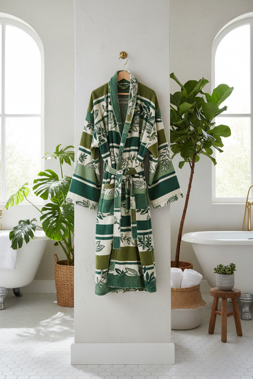 Striped Botanical Green Turkish cotton bathrobe hanging in bright bathroom