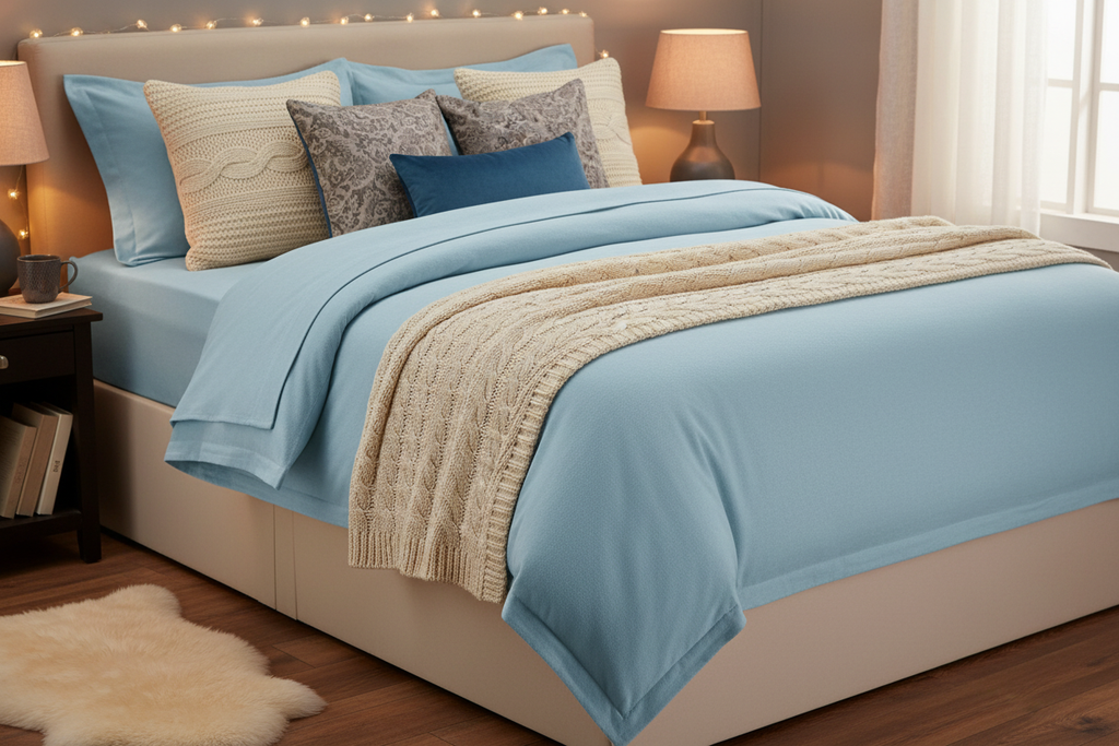 Light blue flannel sheet set styled with cushions and throw in cosy bedroom